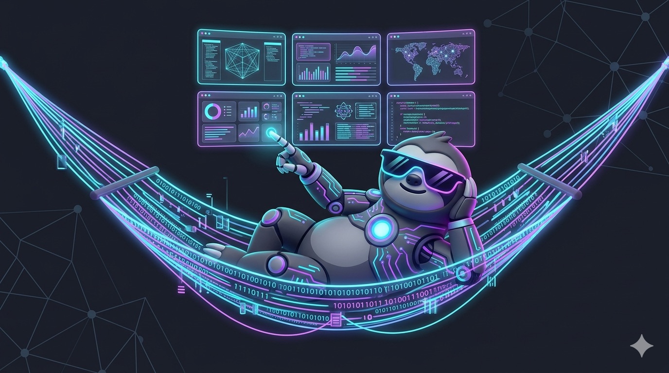 Talkak — the sloth-robot mascot lounging in a glowing network hammock, startup dashboards floating above.