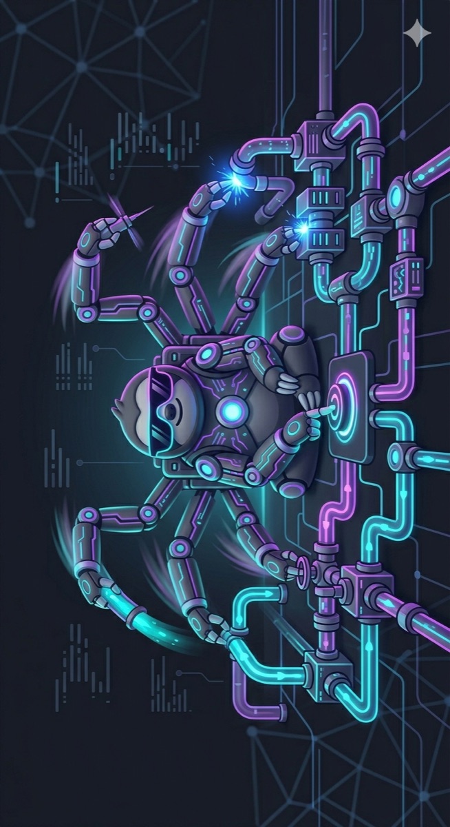 Illustration: the mascot with many mechanical arms wiring together a web of glowing pipes and connections.