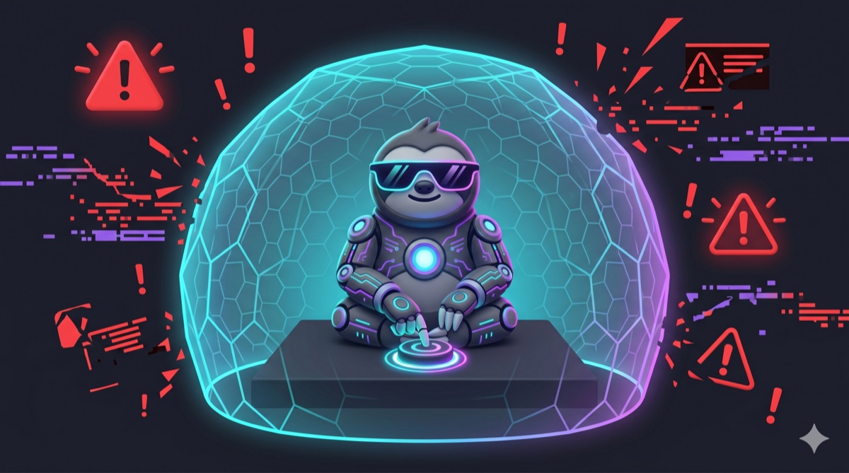 Illustration: the mascot meditating inside a glowing hexagonal shield as red error-triangles bounce off.